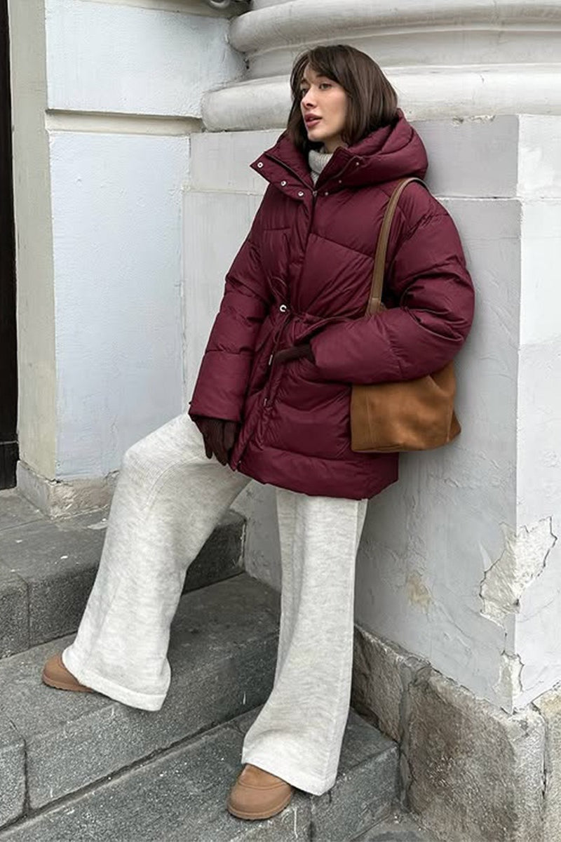 Burgundy Hooded Tie-Waist Zippered Cotton Coat