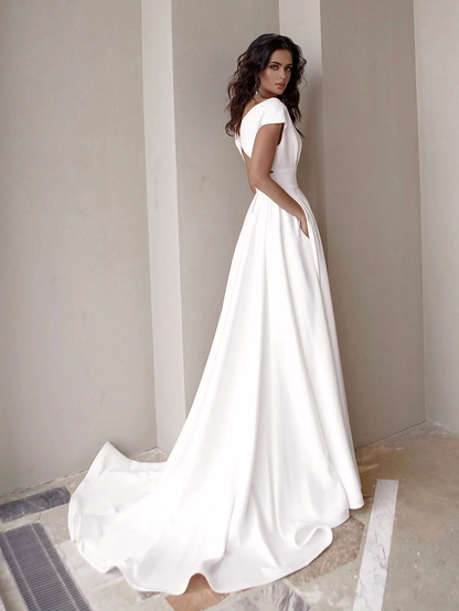 JuliaFashion - 2024 Solid Color Evening V-neck Sexy White Long Dress