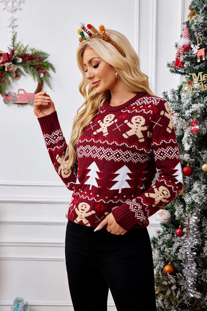 Christmas Cozy Color Block Gingerbread Man Print Sweater