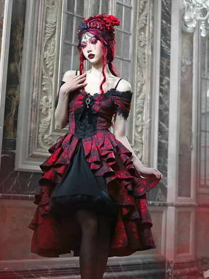 Japanese Gothic Style Red Black Halloween Off-Shoulder Court Wave Autumn Dark High-Waist Lolita Party Outfit