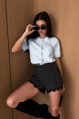 Black Lace Trim High Waist Tailored Shorts