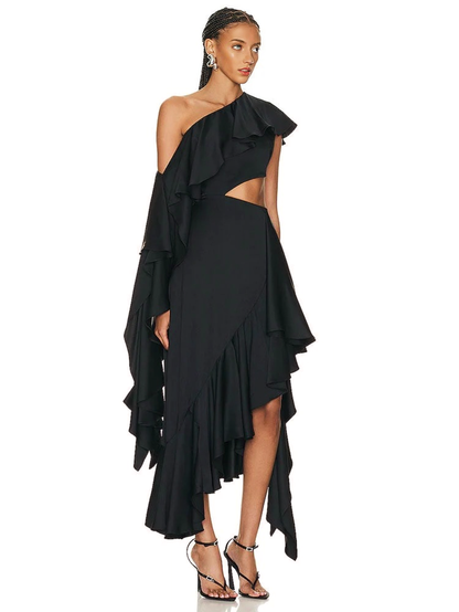 JuliaFashion - 2024 Sexy Black Slanted Shoulder Midi Cutout Dress