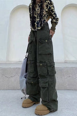Street Style Multi-Pocket Wide Leg Cargo Straight Slim Pants