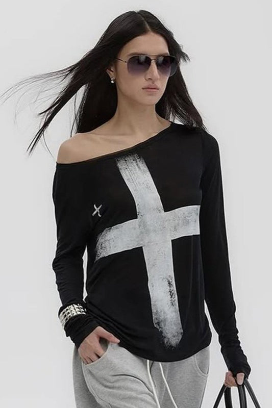 Cross Print Asymmetrical T-Shirt