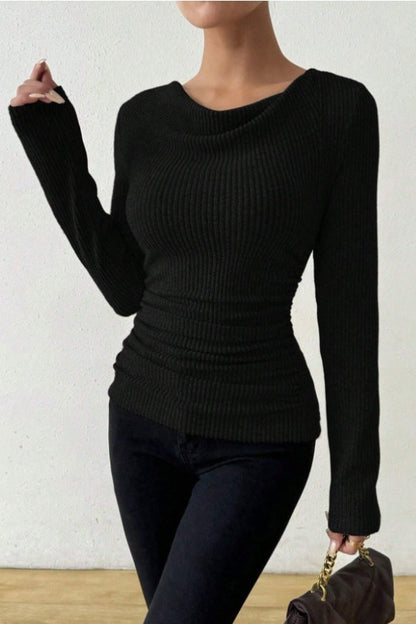 Ruched Cowl Neck Slim Knit Long Sleeve Tee
