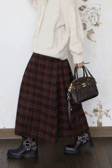 Burgundy Plaid A-Line Christmas Skirt