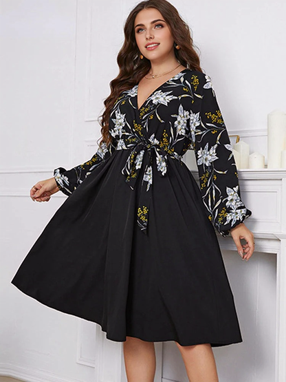 JuliaFashion-Floral Print Patchwork Lace Up Elegant Chubby Dresses