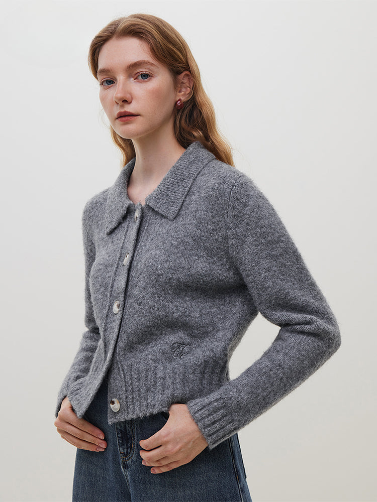 Wool Polo Neck Short Warm Grey Single Breasted Commuter Cardigan