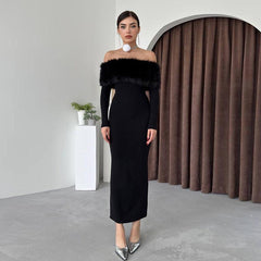 Onyx Fur Midi Dress - Black