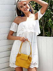 White Lace Off Shoulder Dress With Hollow Out Detail For Women Dresses