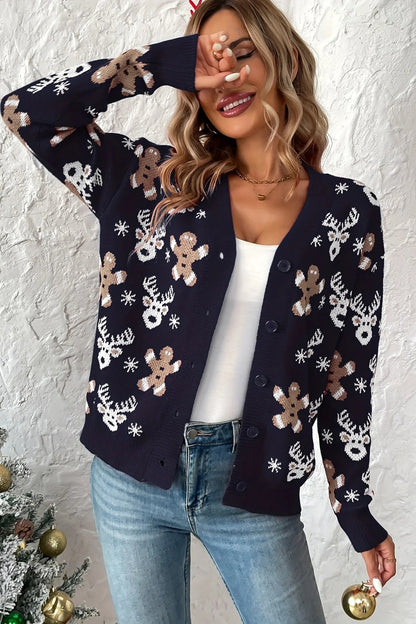 Reindeer Print Plush Knit Christmas Cardigan