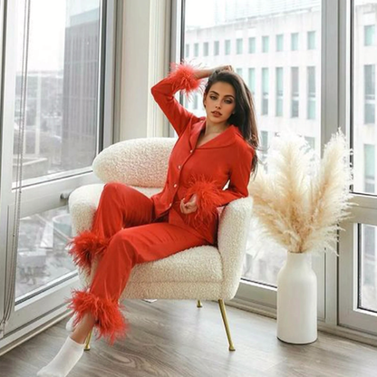 JuliaFashion-Chic Feather Long Sleeve Long Pants 2 Piece Pajamas Set