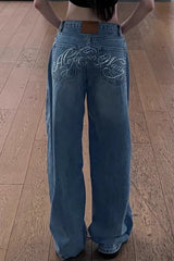 Vintage Rhinestone Letter Print Wide Leg Jeans