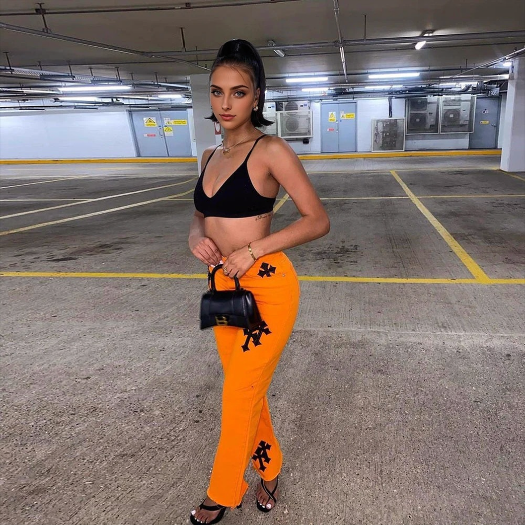 JuliaFashion - 2024 Sifreyr Cross Embroidery Orange Jeans Women Low Waist Straight Streetwear Casual Baggy Jeans