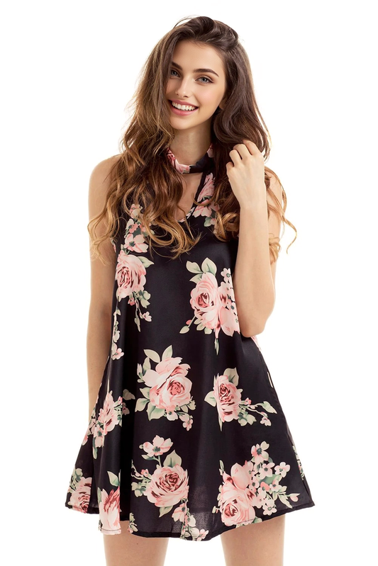 JuliaFashion - 2024 V Cut out Blooming Floral Print Black Background Dress