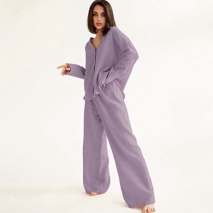 JuliaFashion-Cotton Linen Solid Single Breasted Long Sleeve Pijama Suit