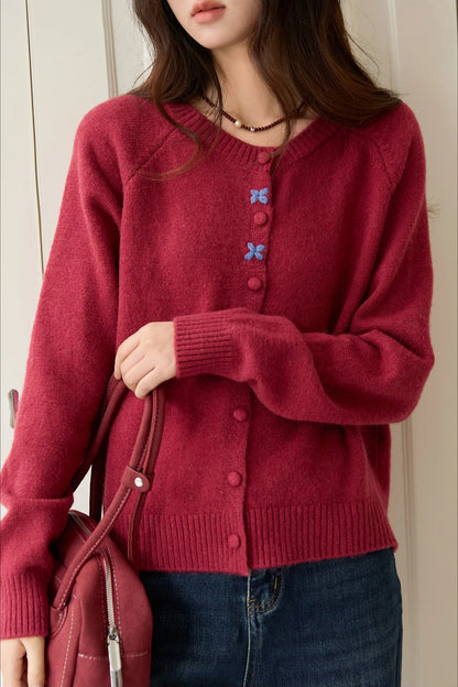 Round Neck Embroidered Buckle Christmas Cardigan