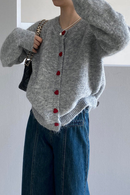 Oversized Heart Button Round Neck Christmas Cardigan