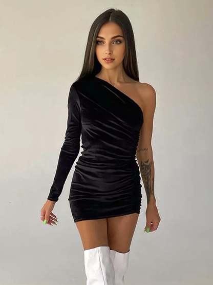 Julia Fashion - Casual One Shoulder Velvet Tight Ruched Party Slim Mini Dress