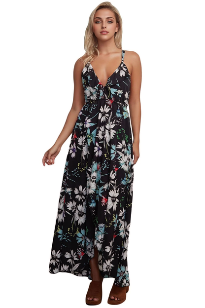 JuliaFashion-Black Floral Chiffon Spaghetti Straps Maxi Dress