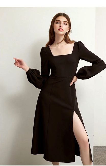 JuliaFashion-Dark Academia Black Retro Midi Dress