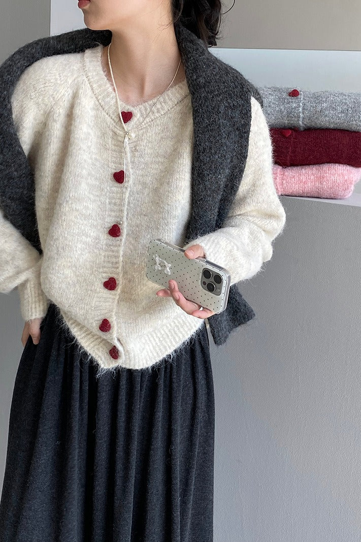 Oversized Heart Button Round Neck Christmas Cardigan