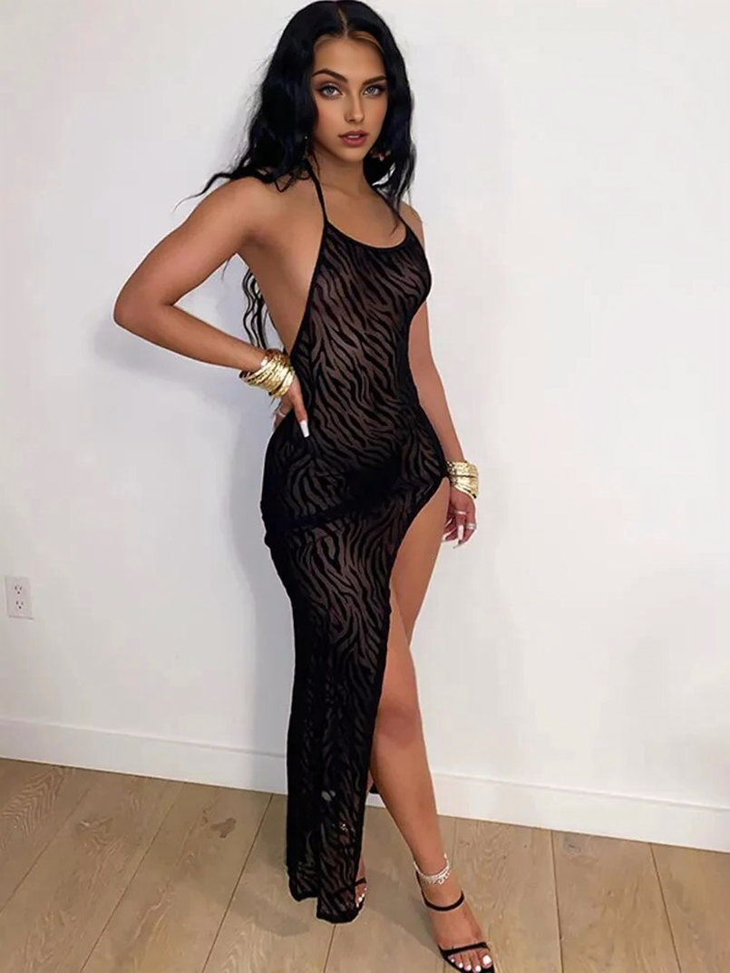 JuliaFashion - 2024 Sexy Halter Backless Mesh Slit Maxi Dress