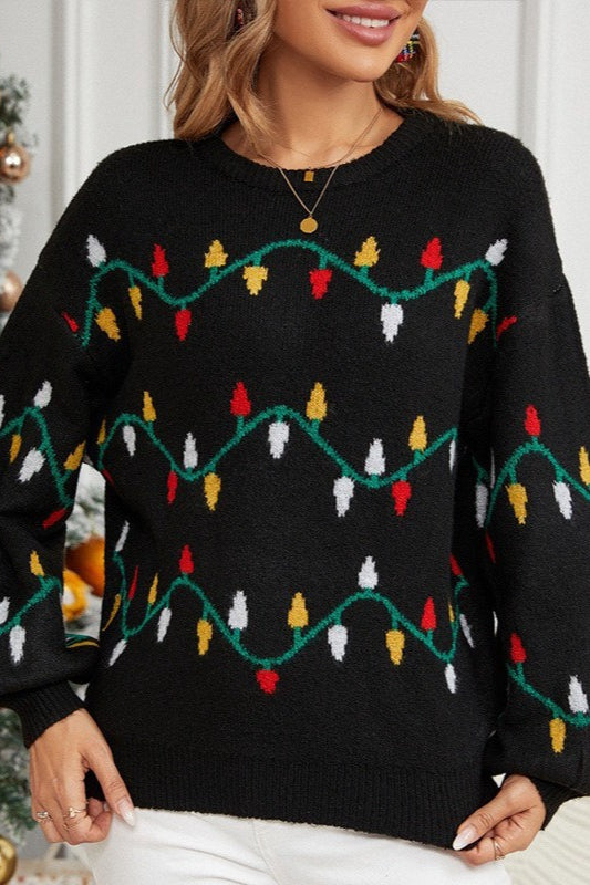 Christmas Lights Stripe Pattern Color Block Crew Neck Sweater