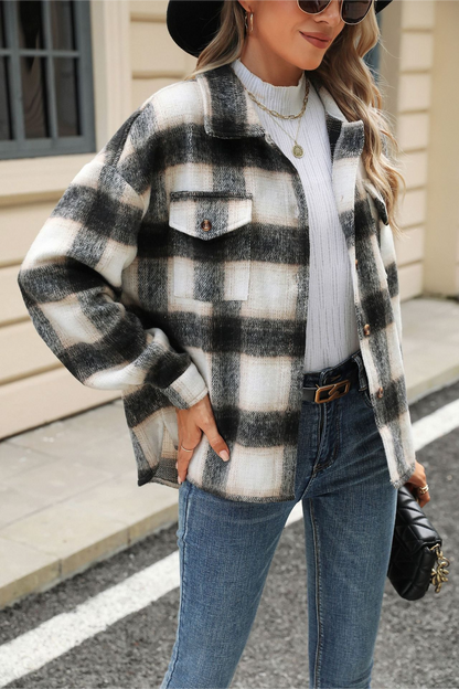 Loose Plaid Lapel Faux Wool Long Sleeve Christmas Outerwear