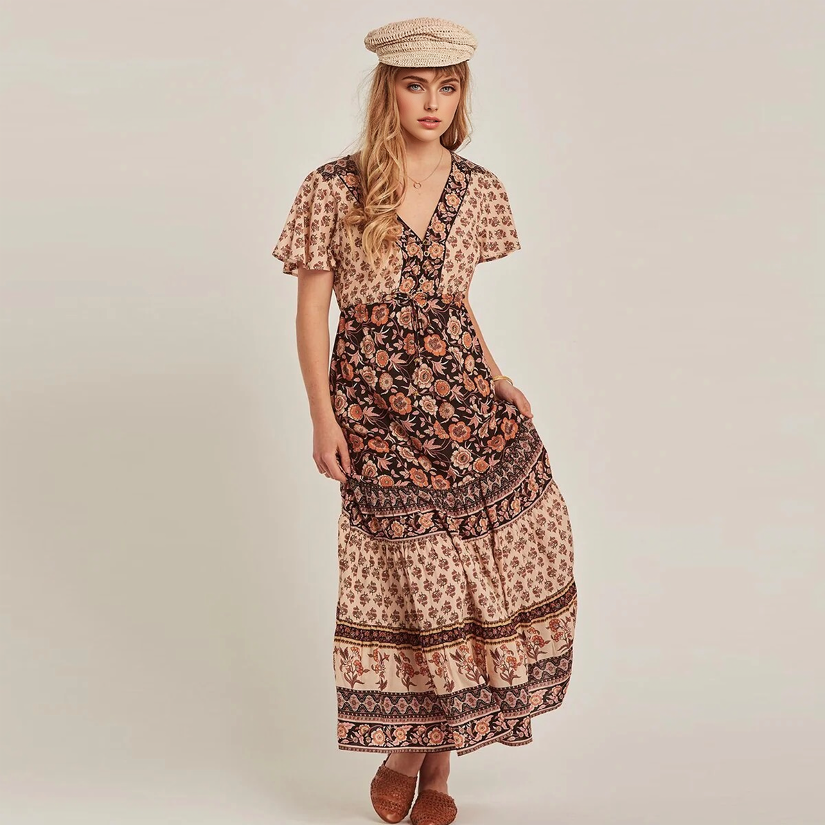 JuliaFashion-Boho Chic Floral Print Bat Sleeve Maxi Dress