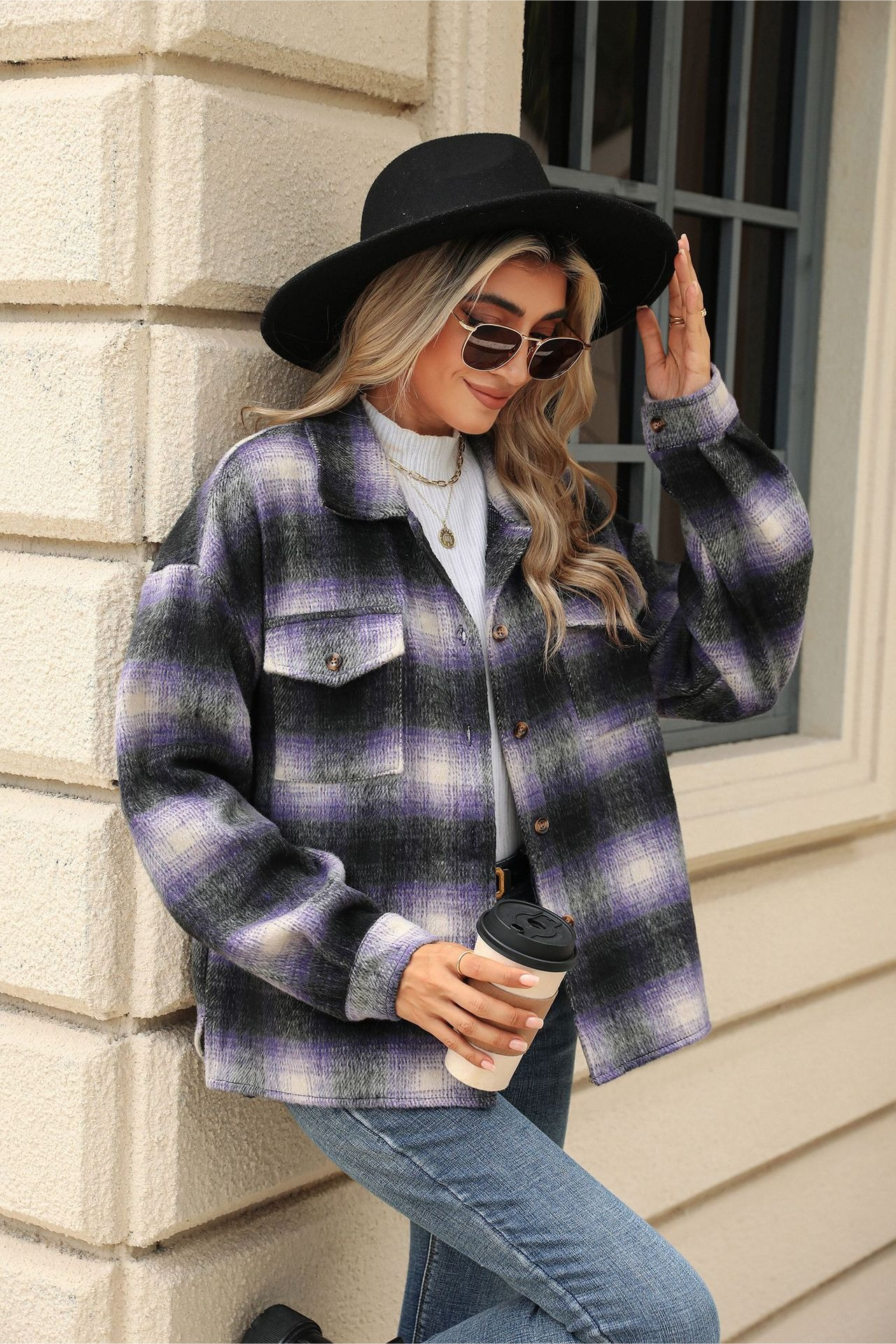 Loose Plaid Lapel Faux Wool Long Sleeve Christmas Outerwear
