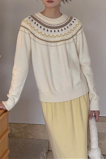 Fair Isle Pattern Loose Crew Neck Color Block Minimalist Sweater