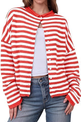 Neutral Stripe Crew Neck Button Knit Cardigan