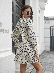 Patterned Arm Flared Flowered Gown With V-Neck Chiffon Drawstring M / Apricot Dresses