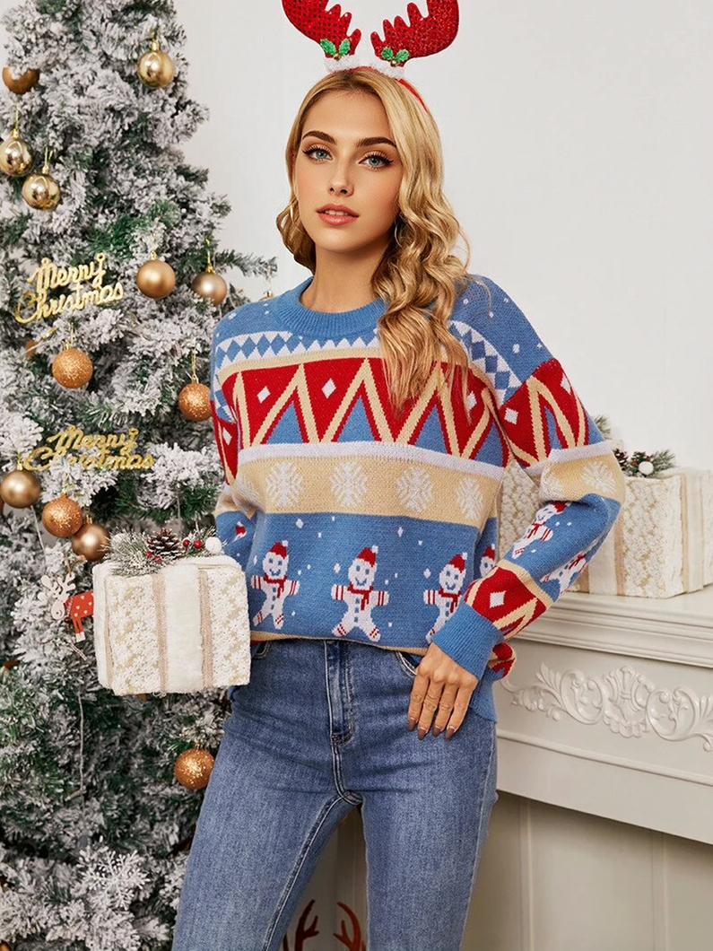 JuliaFashion-Christmas Snowflake Sweater New Pullover Christmas Snowman Sweater