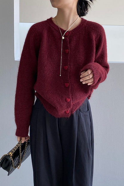 Oversized Heart Button Round Neck Christmas Cardigan