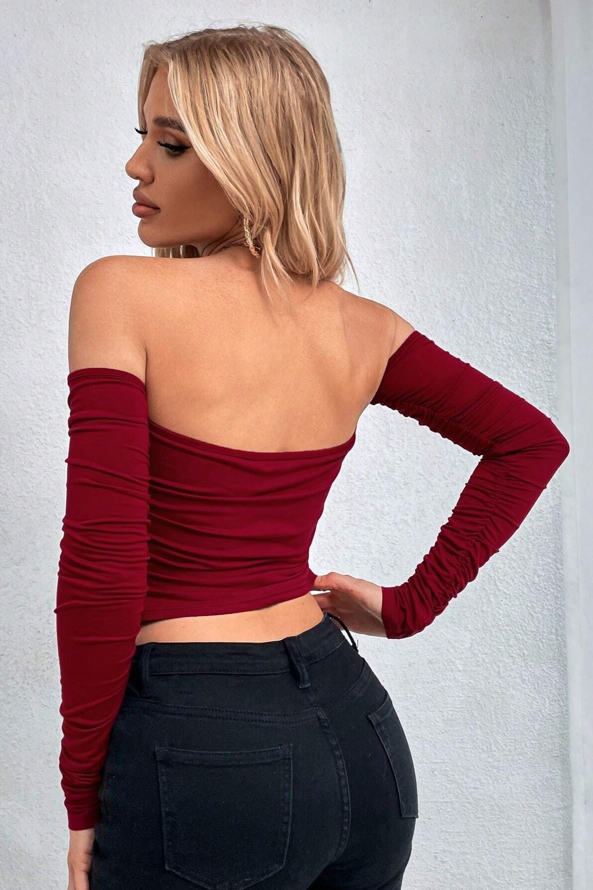 Sexy Off-Shoulder Fur Trim Paneled Long Sleeve Tee