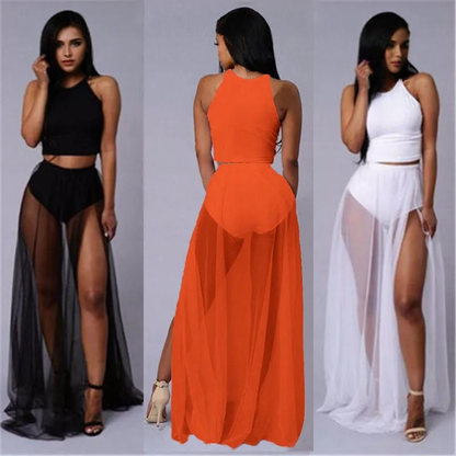 JuliaFashion - High Waist Mesh Empire See Through Sheer Side Split Transparent Chiffon Maxi Long Summer Skirts