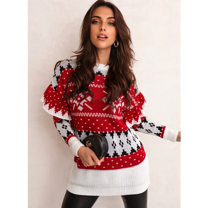 JuliaFashion-Christmas Style Women Loose-neck Petal-sleeve Sweater