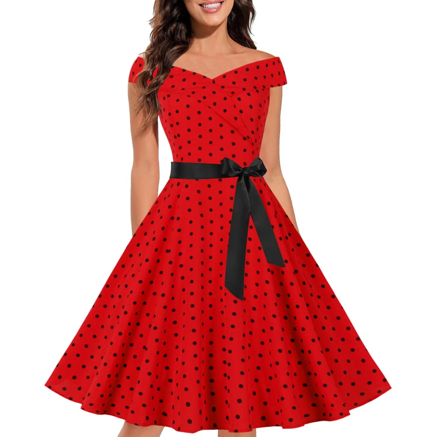 JuliaFashion - 50s 60s Vintage Retro Off Shoulder Women Summer Short Sleeve Polka Dot Print Party Vestidos Elegant A Line Casual Sun Dress