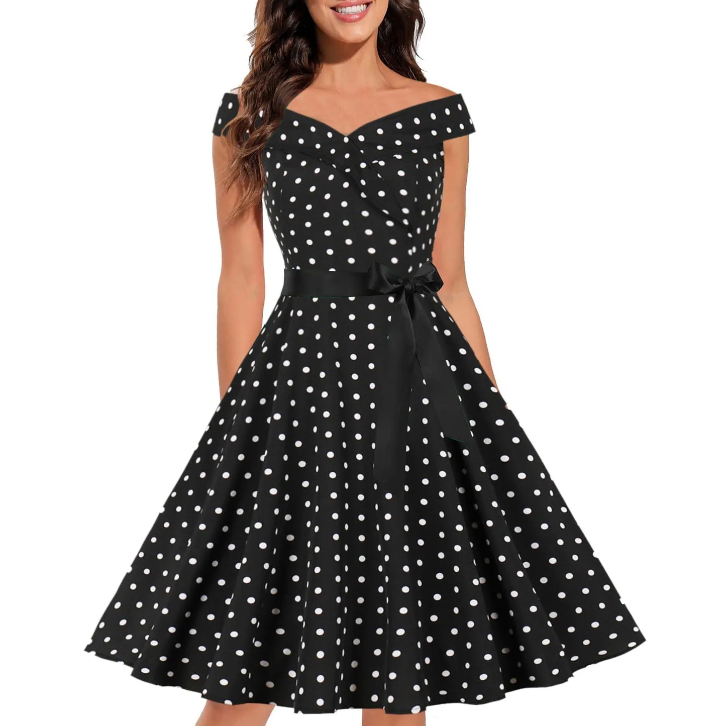 JuliaFashion - 50s 60s Vintage Retro Off Shoulder Women Summer Short Sleeve Polka Dot Print Party Vestidos Elegant A Line Casual Sun Dress