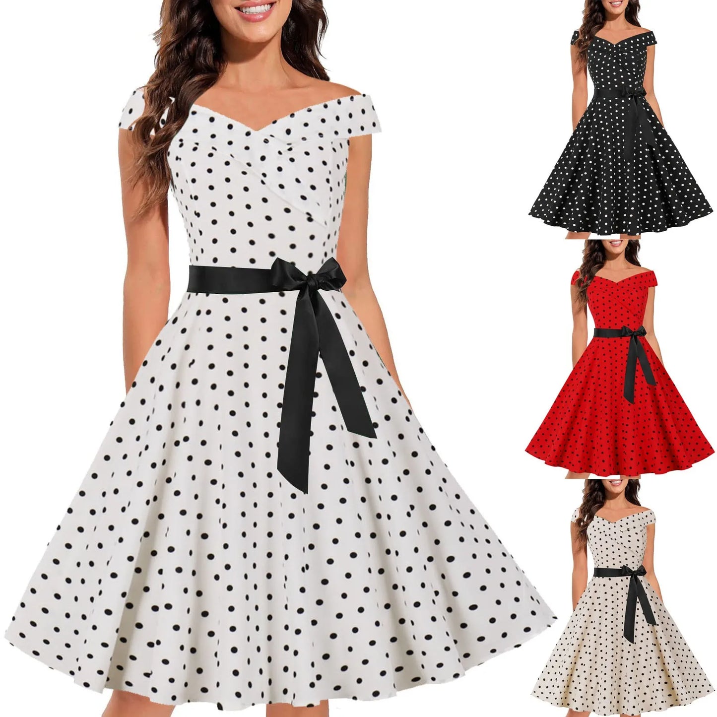JuliaFashion - 50s 60s Vintage Retro Off Shoulder Women Summer Short Sleeve Polka Dot Print Party Vestidos Elegant A Line Casual Sun Dress