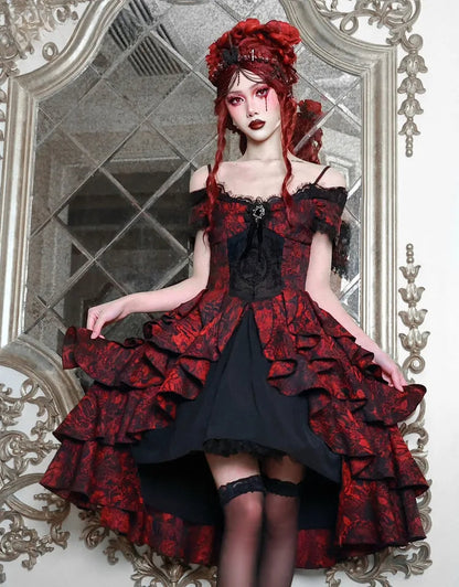 Japanese Gothic Style Red Black Halloween Off-Shoulder Court Wave Autumn Dark High-Waist Lolita Party Outfit