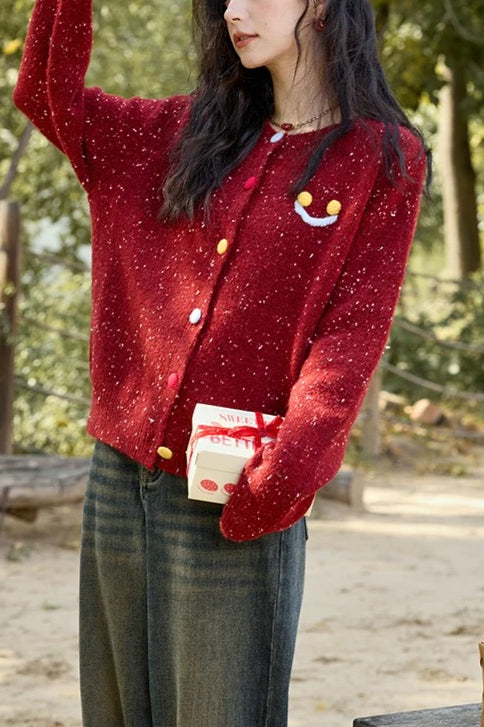 Vintage Smile Embroidery Wool Christmas Cardigan