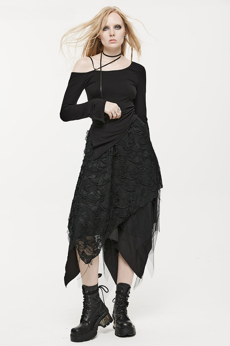 Women's Asymmetrical and Style Fashion Tattered Mesh Butterfly Half Burnt Black Dry Skirt