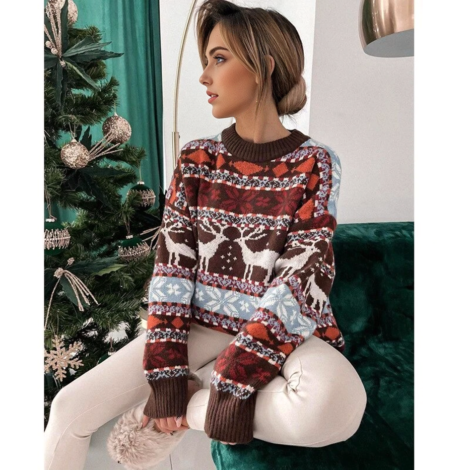 JuliaFashion - 2024 Women's Sweater Round Neck Loose Five-color Christmas Long Sleeve Sweater