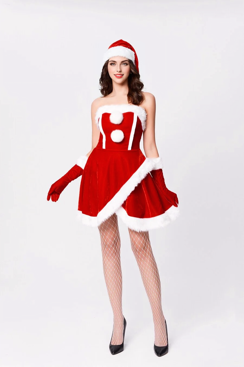 JuliaFashion - 2024 Women Christmas Dress Santa Claus Cosplay Costumes Sexy Strapless Dress