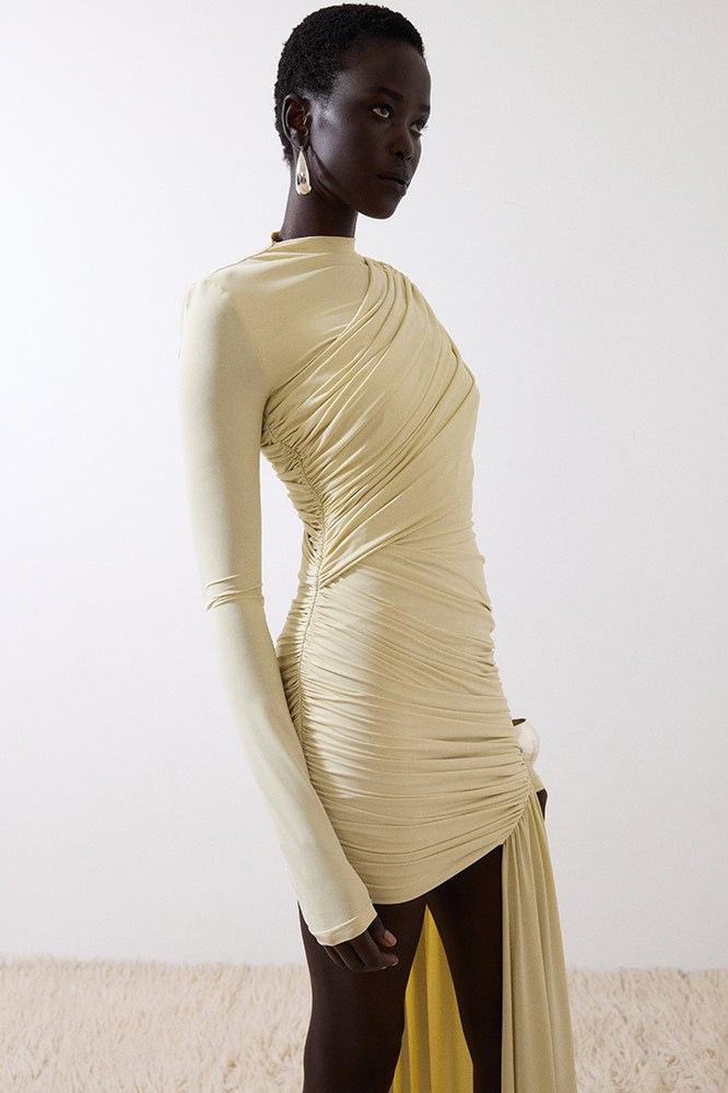 Ruched Asymmetric Ribbon Slim Mini Dress