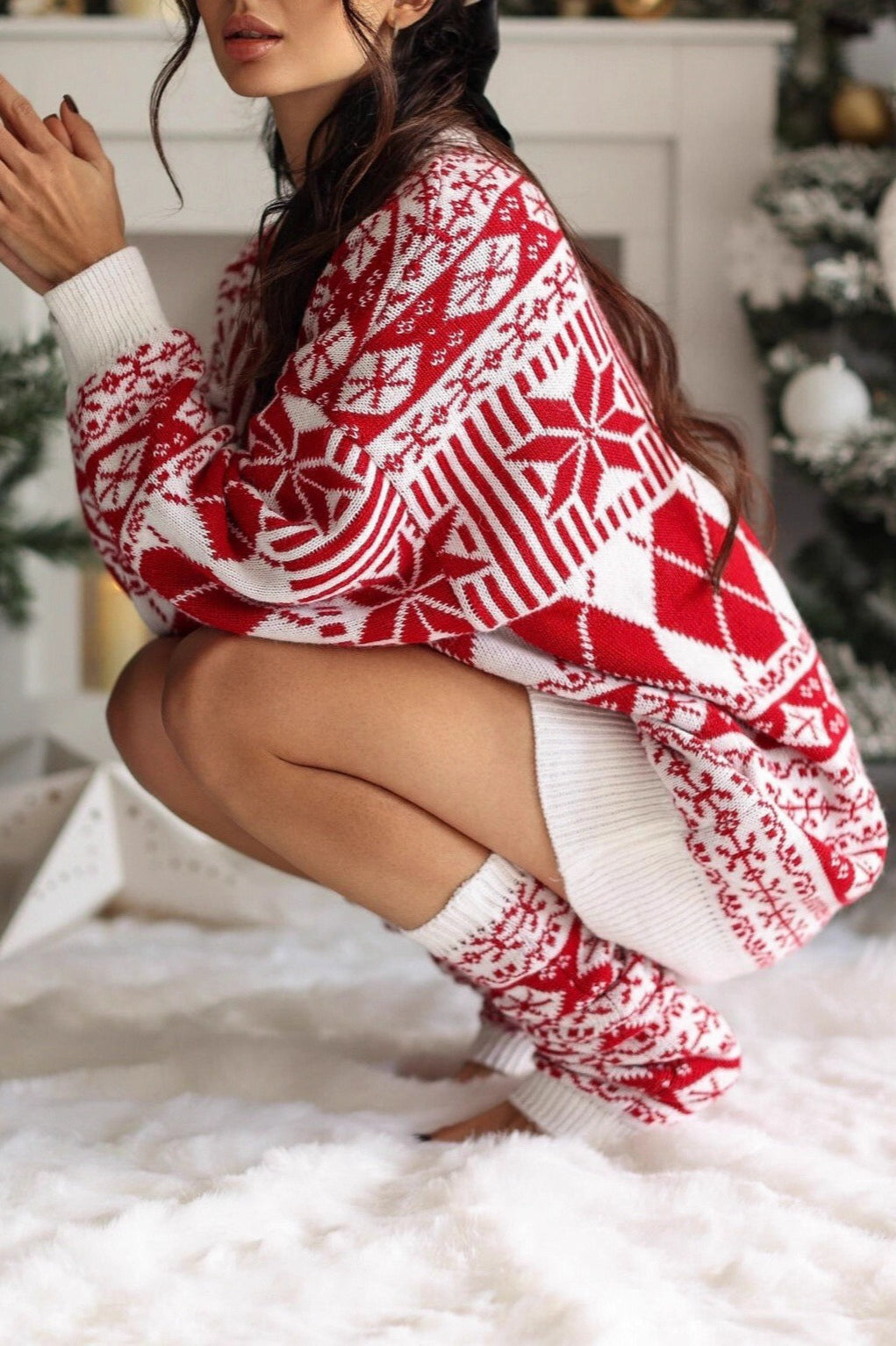 Christmas Snow Maple Ethnic Round Neck Long Sweater