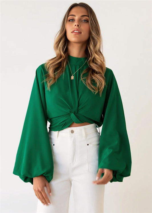 Julia Fashion - Women Long Lantern Sleeve Solid Color Sexy Crop Tops